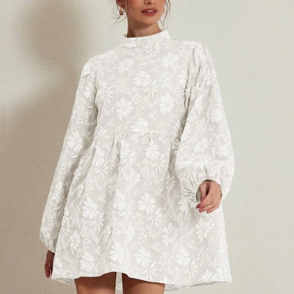 White Elegant Women's Textured Floral Lantern Sleeve A-Line Mini Skirt - Picture 6 of 6